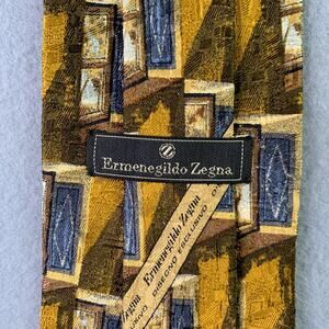 Ermenegildo Zegna Neck Tie Silk Gold Blue Geometric Windows Made In Italy Mens